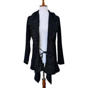 Simon Chang Black Eyelash Trim Ribbed Open Cardigan Jacket Tie Waist Size 4